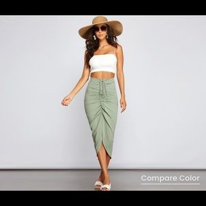 High Rise Drama Ruched Midi Skirt - Sage